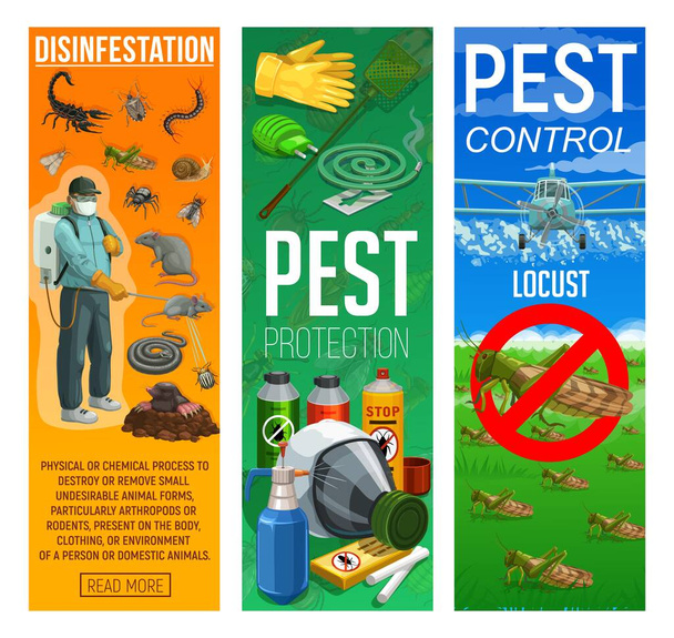Deratization and disinfection, rodents and insects pests control banners. Pest control worker with insecticide or poison sprayer, airplane spraying pesticide on locust, insects repellents vector - Vector, Image