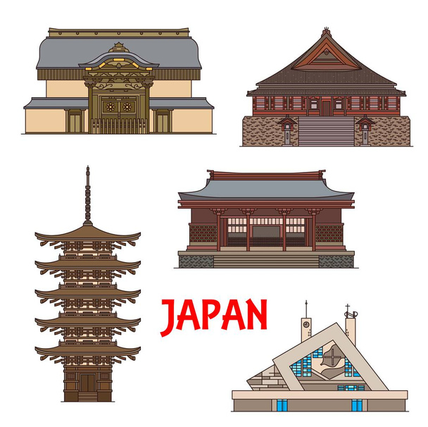 Japani maamerkkejä, temppeleitä ja pagodit arkkitehtuuri, Japanin tornit ja matkustaa rakennuksia. Japani maamerkkejä Eihei-ji temppeli Fukui, Yamaguchi Xavier Memorial kirkko, Ruriko-ji pagoda ja Shoin Shrine - Vektori, kuva