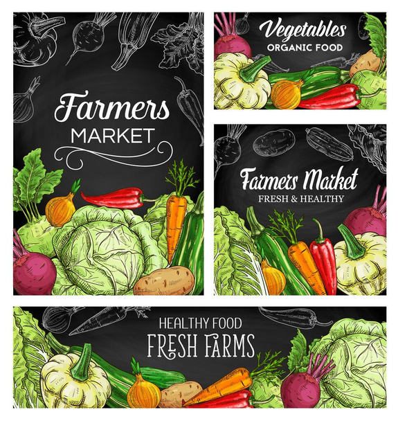 Farmer vegetables vector sketch posters. Squash, chili pepper and lettuce with beetroot. Potato, onion, carrot and cabbage cartoon veggies on black chalkboard background. Farm market fresh production - Vector, Image