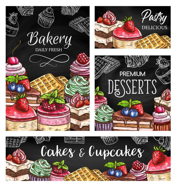 Torták és sütemények vázlatvektor poszterek, cukrászda desszertek és édességek a táblán. Gravírozott cukrászsütemény, csokis muffin, belgiumi gofri és brownie pite, étlapborító design, bannerkészlet - Vektor, kép