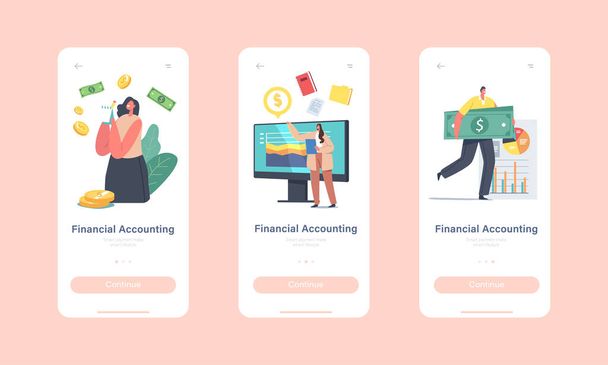 Financial Accounting Mobile App Page Modelo de tela a bordo. Personagens Desempenho, Análise, Estatísticas de Negócios - Vetor, Imagem