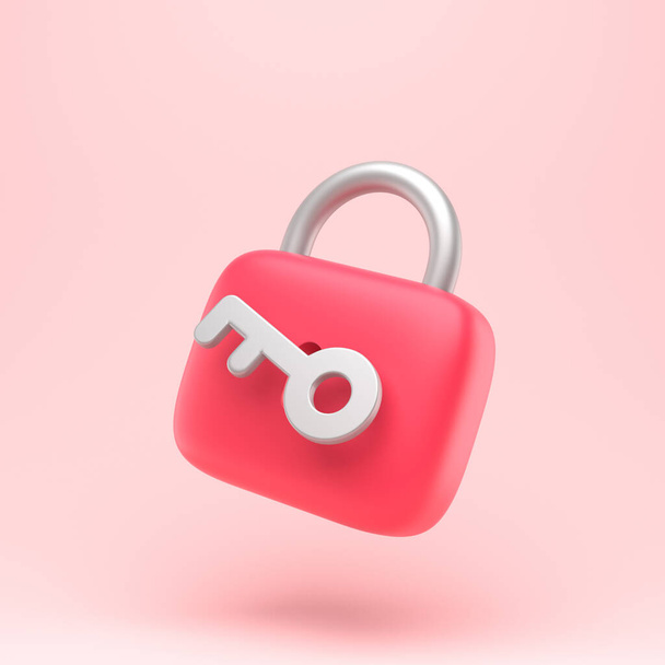 Lock icon with key simple 3d illustration on pastel abstract background. minimal concept. 3d rendering - Photo, Image