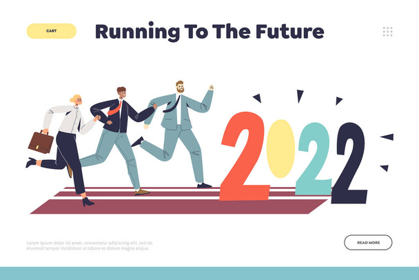 2022年までに急いでいるビジネスマンのグループとランディングページの将来の概念への実行 - ベクター画像