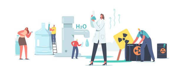 Chemicals in Water Concept. Winzige Wissenschaftlerin weibliche Figur im weißen Laborkittel hält Wasserprobe aus Becherglas - Vektor, Bild