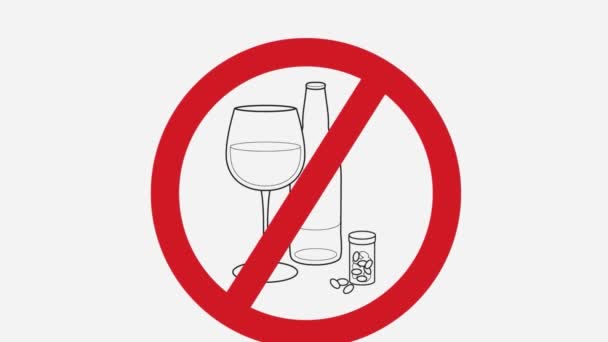 Symbol zakazu picia alkoholu, upij się, zakazuj pisania z miejsca na ksero. Żadnego alkoholizmu, uzależnienia od alkoholu, alkoholu, dypsomanii, picia negatywnego znaku z białym tłem. Pojęcie zdrowego stylu życia - Materiał filmowy, wideo