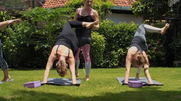 Yeşil çimenlikte antrenman yaparken, kadın eğitmenin yardımıyla, üç genç kadının spor minderlerinde yoga çalışmalarını çekiyoruz. - Video, Çekim