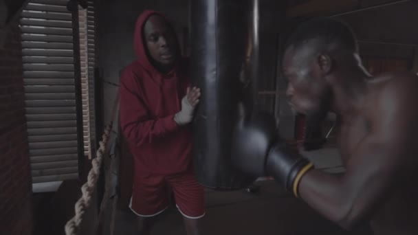 Knee-up shot of young Afro-American male coach in hoodie and shorts holding heavy punch bag in boxing ring and giving instructions, and bare-chested boxer hitting it repeatedly with gloves - Video, Çekim