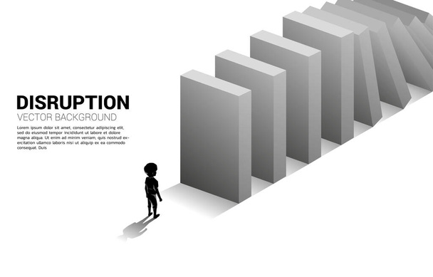 Silhouette of boy standing at the end of domino collapse. Concept of business industry disrupt - Vector, Image