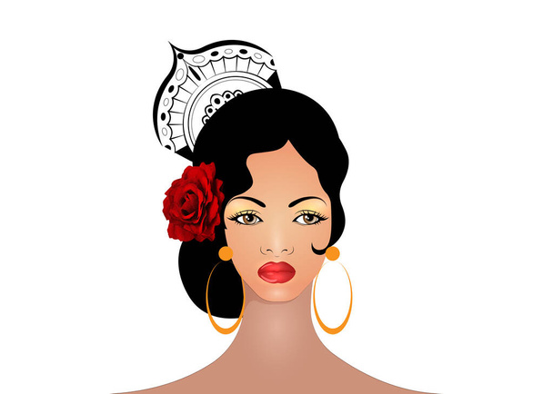 Flamenco nő portréja, gyönyörű lány, spanyol stílusban. Latin hölgy visel népi kiegészítők peineta, vörös rózsa virág és fülbevaló, Vektor illusztráció elszigetelt fehér háttér - Vektor, kép