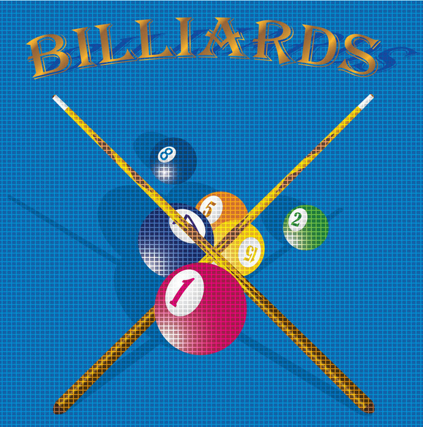 Biliardo stecca e palle sul tavolo blu. Grangy Poster, locandina o cartellone pubblicitario - Vettoriali, immagini