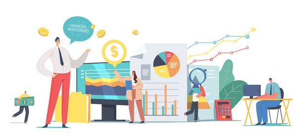 Tiny Business Characters Team analysiert Daten und Research Financial Monitoring Report auf riesigem Dashboard - Vektor, Bild