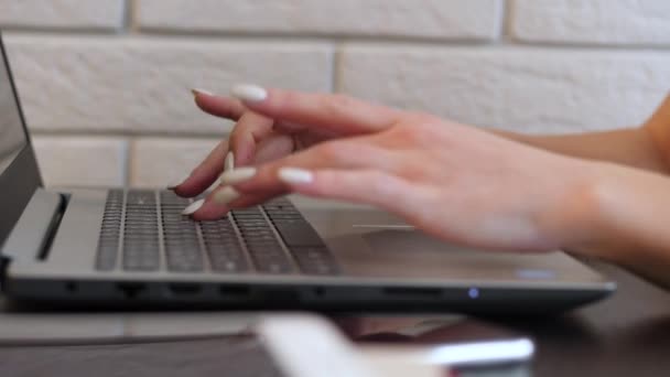 Vrouw typt op toetsenbord. Vrouwelijke handen typen gracieus op de laptop. Lange nagels. Zakenvrouw die thuis werkt. - Video