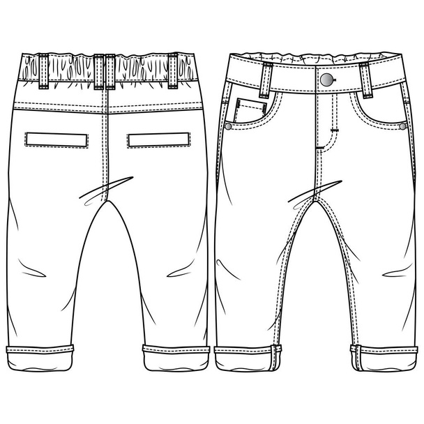 Baby Boys Woven Pant fashion flat sketch template. Technical Fashion Illustration. Rolled up Hem. Back Welt Pockets - Vector, Image