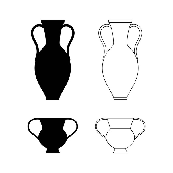 Floreros Griegos Siluetas Negras en Un Estilo Simple. Ilustraciones vectoriales de varios recipientes de arcilla - Vector, Imagen