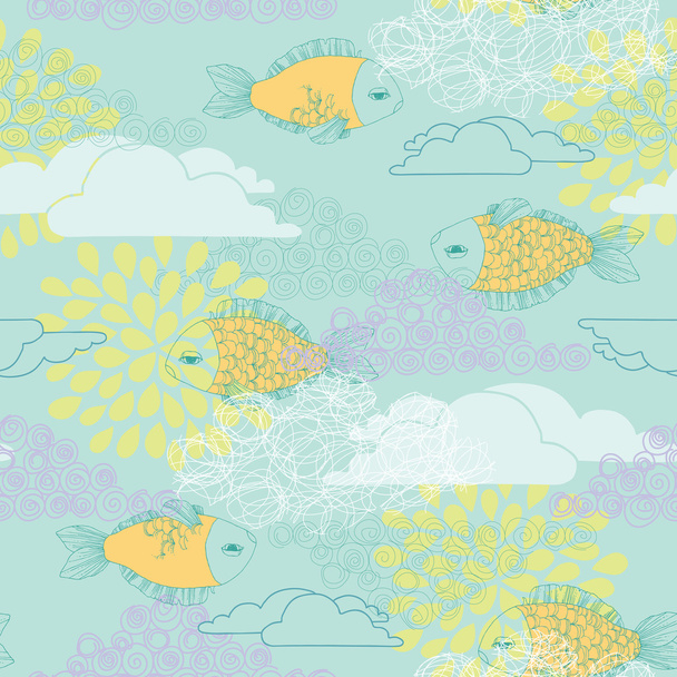 魚と雲とのシームレスなパターン - ベクター画像
