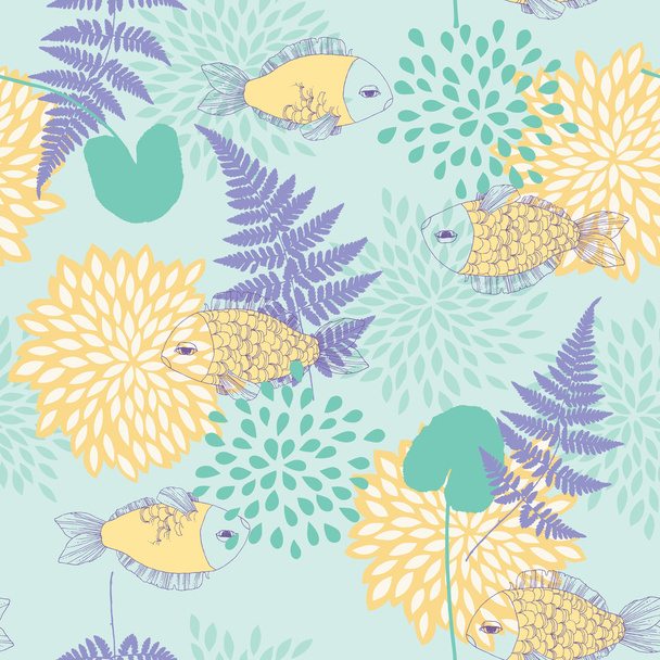 Seamless Pattern with Fishes and Leaves - Вектор, зображення