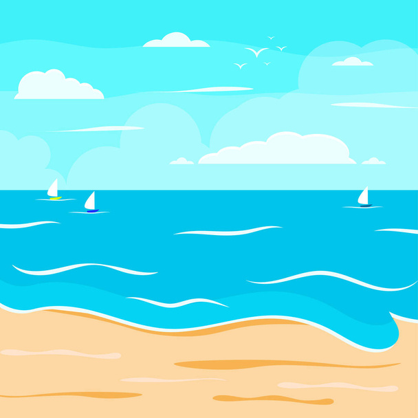 Rajzfilm nyári strand, tengerparti természetes nyaralás, trópusi strand, tengerparti táj háttér vektor illusztráció - Vektor, kép