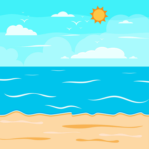 漫画夏のビーチ、海辺の自然休暇、熱帯のビーチ、海辺の風景の背景ベクトル図 - ベクター画像