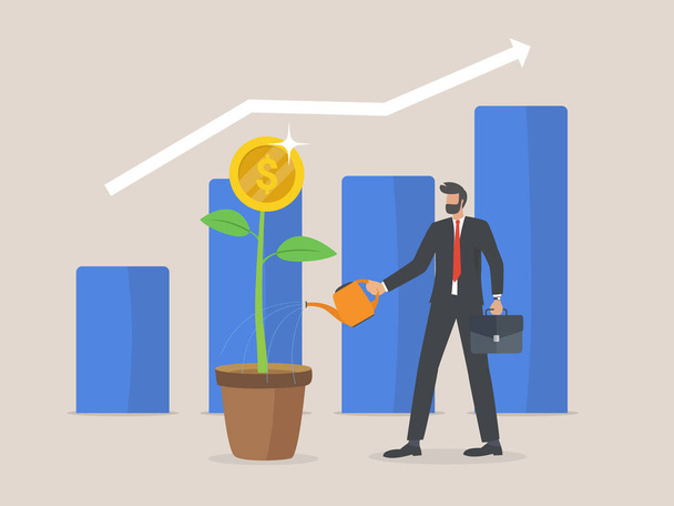 Return on investment concept, Businessman and business growth arrows to success. dollar plant coins and graph. chart increase profit. Finance stretching rising up. - Vector, Image