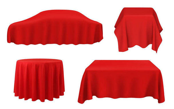 Car under red silk, vector tablecloths on square, round and rectangular tables. Award ceremony, new auto presentation in dealership, pedestal with scarlet realistic cloth on white background 3d set - Vector, Image