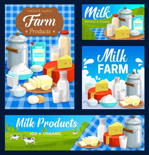 Milchprodukte, Milch und Butter, Käse und Joghurt, Vektor. Landwirtschaft und natürliche Biolandwirtschaft und landwirtschaftliche Nahrungsmittel, Milchspritzer im Krug, Buttercreme und Joghurt - Vektor, Bild