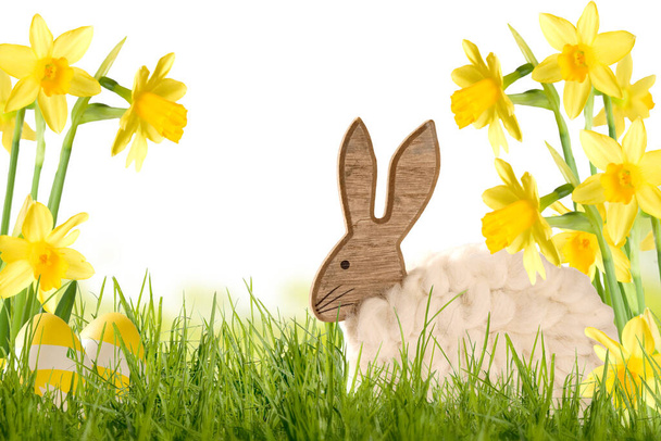 Decoración de Pascua Conejo de madera con narcisos en prado verde - Foto, Imagen