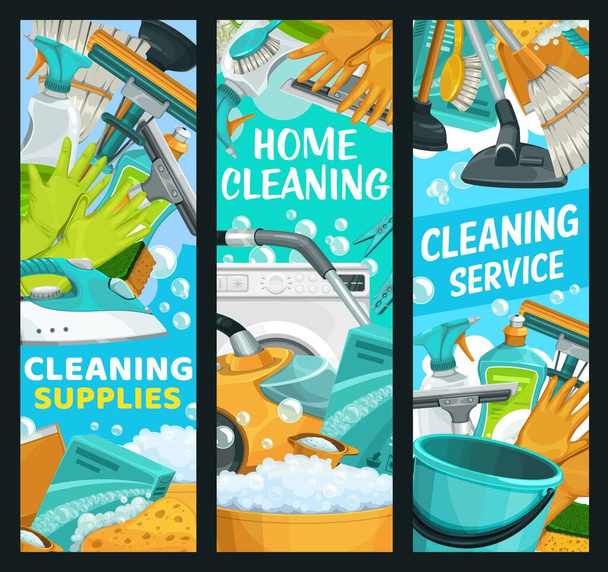Servizio di pulizia della casa, prodotti per la pulizia della casa, lavori domestici e lavanderia, striscioni vettoriali. Pulizia della casa secchio e spazzola, detersivo per bucato, aspirapolvere e bolle d'acqua sapone - Vettoriali, immagini