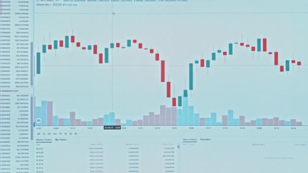 Screen with a stock market graphic. Cryptocurrency rate graphic showing data online. Japanese candlesticks and the volume of cryptocurrency turnover - Materiał filmowy, wideo