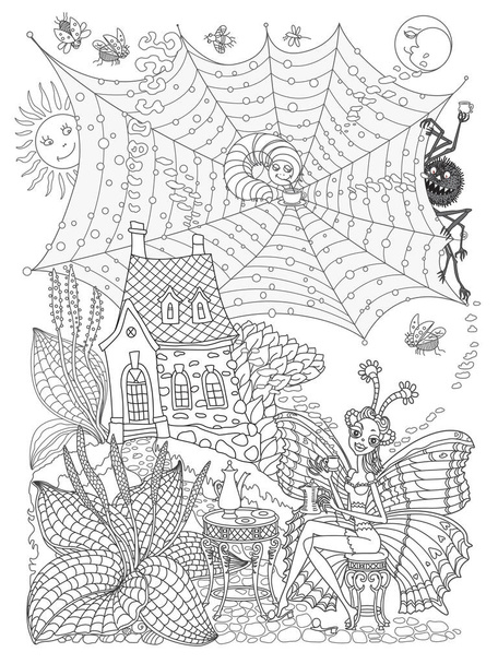 Παραμύθι πεταλούδα γυναίκα, κάμπια και αράχνη, πίνοντας πρωινό καφέ κοντά στο σπίτι και χήνα γρασίδι. Γραμμικό περίγραμμα σκίτσα. Tee-shirt εκτύπωσης, ενήλικες χρωματίζοντας σελίδα του βιβλίου, caf μενού φυλλάδιο εξώφυλλο - Διάνυσμα, εικόνα
