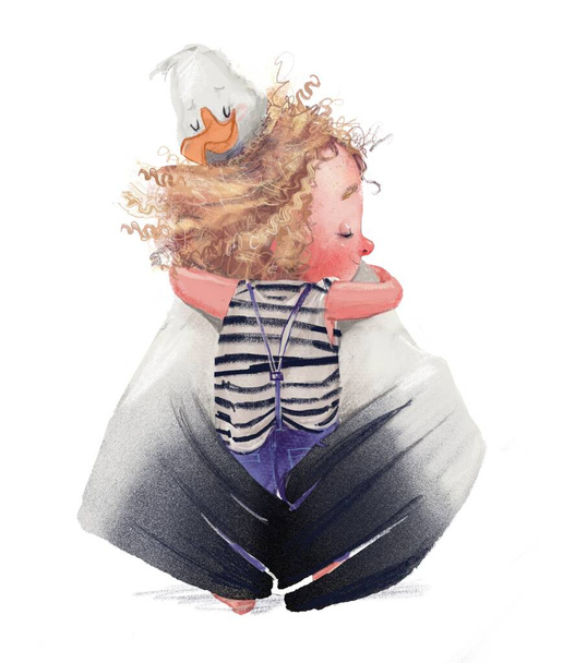 encaracolado bonito menina com um personagem albatroz - Foto, Imagem