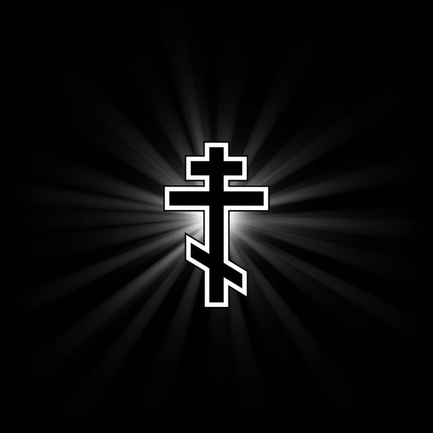 Cerkiew krzyż na czarny tło z rozbieżny promień światło. - Zdjęcie, obraz