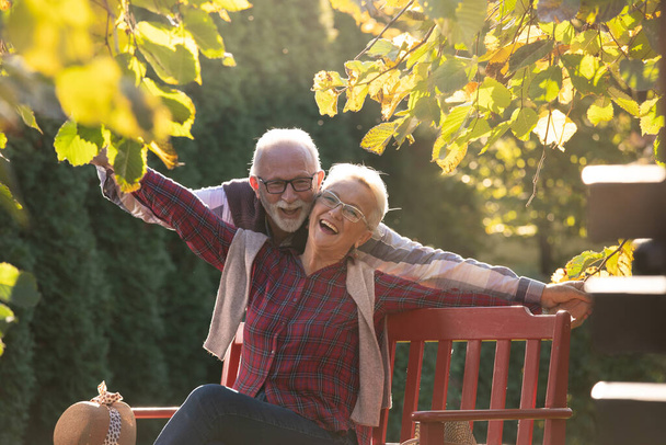 Ευτυχισμένο ζευγάρι ηλικιωμένων αγκαλιάζει και κρατώντας τα χέρια στον κήπο - Φωτογραφία, εικόνα
