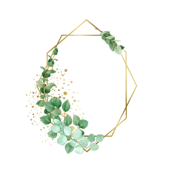 Watercolor eucalyptus wreath with geometric gold element isolated on a white background, hand-drawn. For wedding invitation, textile, greeting card, sublimation design, wrapping. - Φωτογραφία, εικόνα