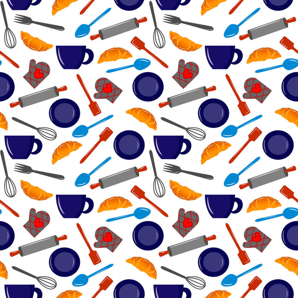 Pattern with croissant and kitchen tools. - Vector, Image