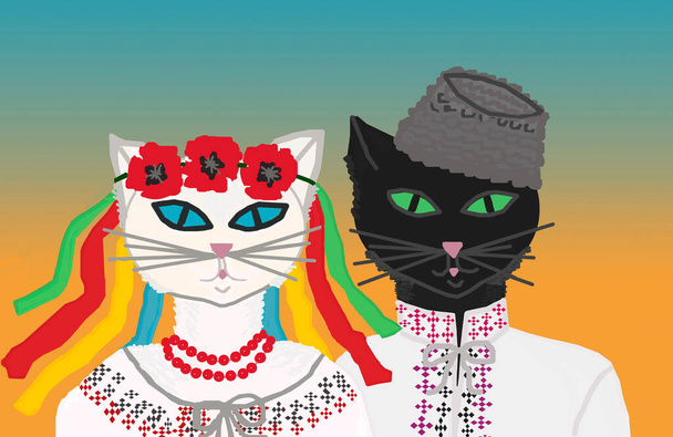 Abstraktion. Eine schwarze Katze und eine weiße Katze tragen ukrainische Nationalkleidung - bestickte Hemden, eine weiße Katze trägt einen Mohnkranz auf dem Kopf und eine schwarze Katze einen Astrachan-Hut..  - Foto, Bild