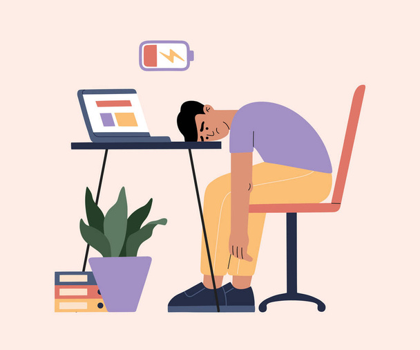 Man tired of hard working, sleepy at work, guy at office sits by the table with laptop and procrastinating, unhappy person overworked, needs battery recharge. Modern trendy illustration, flat style - Vector, afbeelding