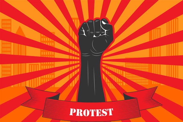 Διαδήλωση Vector εικονογράφηση. Σιλουέτα υψωμένης γροθιάς με κορδέλα με επιγραφή PROTEST. Επανάσταση, αντίσταση, διαδήλωση και συνάντηση. Μαύρη σιλουέτα υψωμένης γροθιάς - Διάνυσμα, εικόνα