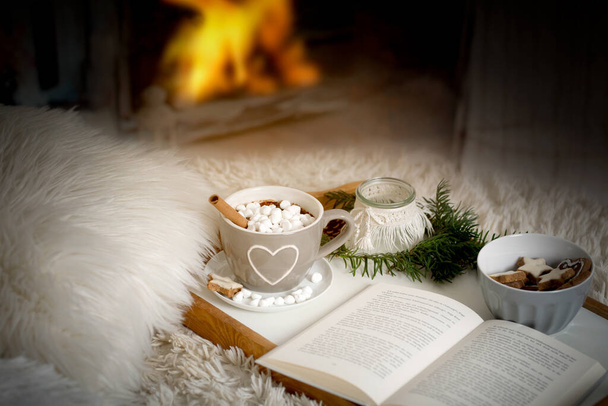 Cup of cocoa, hot chocolate with marshmellows on a tray with book, lantern and fir branch on a sofa or bed with blankets - Photo, Image