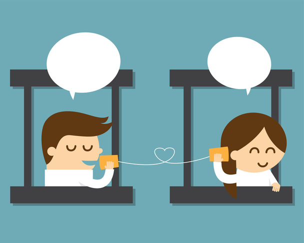Couple talking with can telephone - Vector, Image