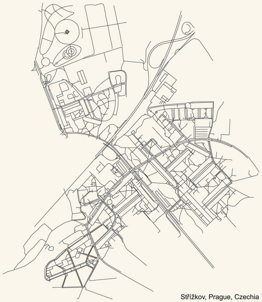 Fekete egyszerű részletes utcai utak térkép vintage bézs háttér a városi kerület Stkov kataszteri terület Prága, Cseh Köztársaság - Vektor, kép