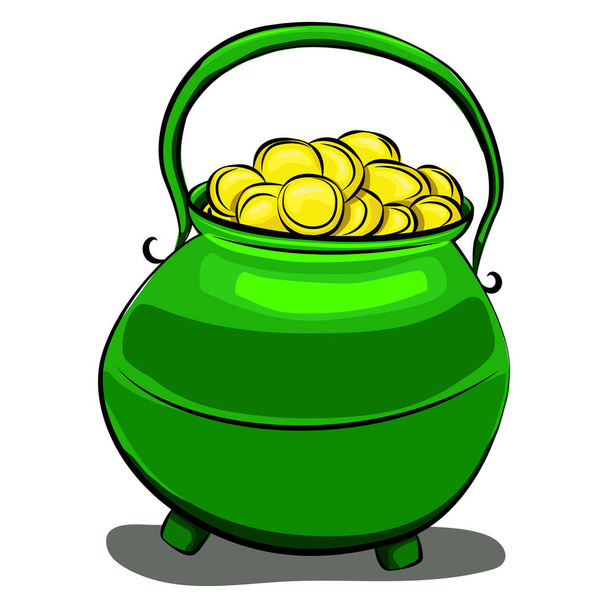 Pote de moedas de ouro isoladas em um fundo branco. Ilustração de desenho animado vetorial para o Dia de São Patrício. - Vetor, Imagem