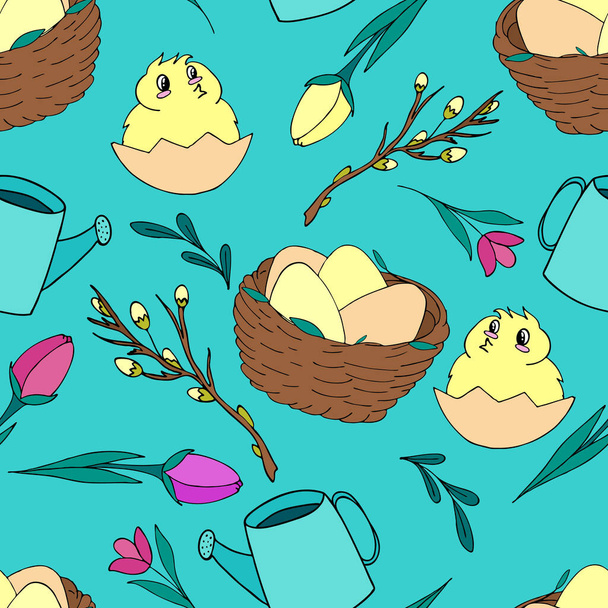 spring chickens and eggs, willow twigs, watering can, vector seamless pattern on a blue background, illustration in doodle style - Vector, Imagen