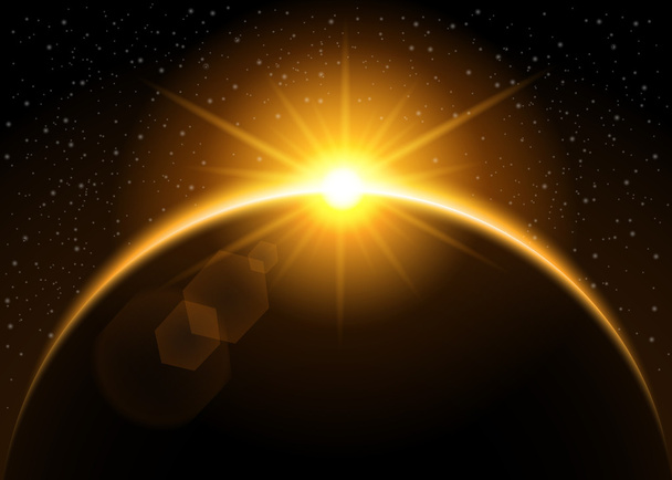 Rising sun behind the planet - Vector, Image