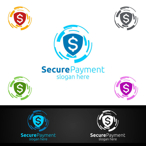 Shield Online Veilig Betalen Logo voor Veiligheid Online winkelen. Financiële transactie. Geld sturen. Logotype van de mobiele bankdienst - Vector, afbeelding