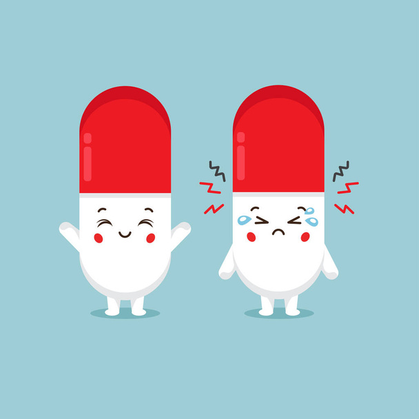 Cute Pill Characters Smiling and Sad - Vector, Image