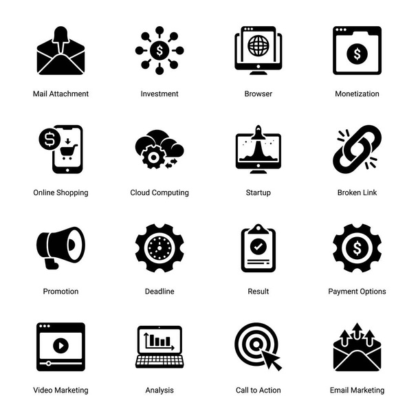 Ícones de glifo de marketing digital - vetores - Vetor, Imagem
