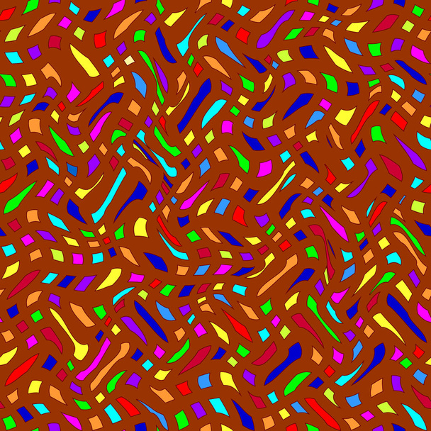 Vector, imagen inconsútil de figuras de colores dispersas sobre un fondo rojo-marrón, formando una especie de mosaico - Vector, imagen