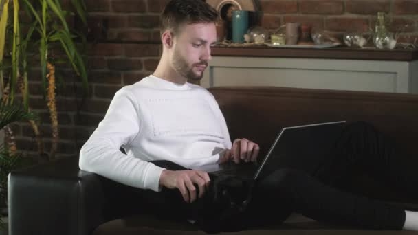 Joven hombre atractivo en ropa casual está sentado en el sofá en un ambiente acogedor en casa y escribir en un ordenador portátil. Trabajando remotamente. Un freelancer en cuarentena trabaja en casa. - Metraje, vídeo