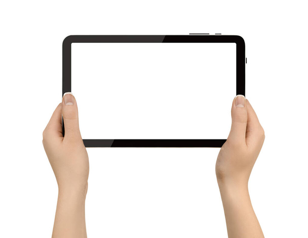 tenendo tablet digitale in mano su sfondo bianco isolato - Foto, immagini