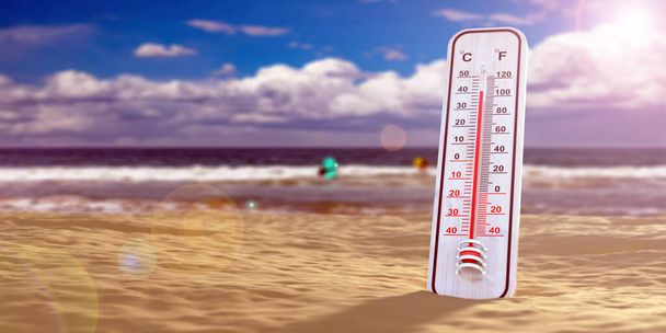 Termômetro meteorológico em uma praia de areia, fundo céu azul, calor de verão, alta temperatura, escala Fahrenheit 100 graus, dia ensolarado quente na costa. ilustração 3d - Foto, Imagem